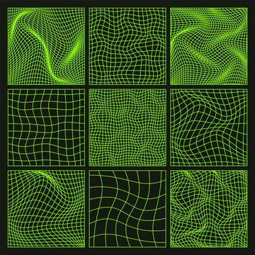 Wireframe shapes, lined perspective mesh, 3d grid. Low poly geometric elements 스톡 일러스트