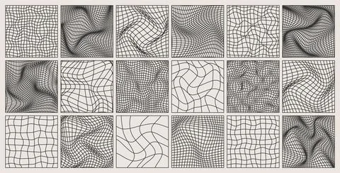 Wireframe shapes, lined perspective mesh, 3d grid. Low poly geometric elements Illustrazione stock