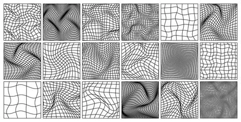 Wireframe shapes, lined perspective mesh, 3d grid. Low poly geometric elements Stock Illustration