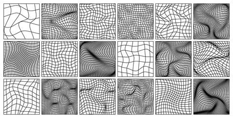 Wireframe shapes, lined perspective mesh, 3d grid. Low poly geometric elements Stock Illustration