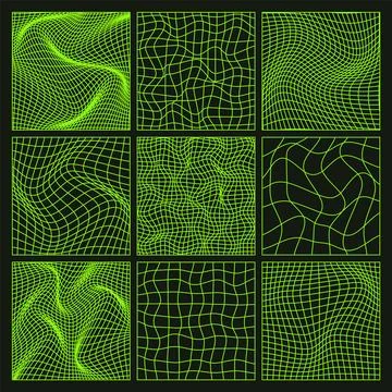 Wireframe shapes, lined perspective mesh, 3d grid. Low poly geometric elements Stock Illustration