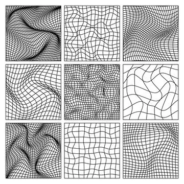 Wireframe shapes, lined perspective mesh, 3d grid. Low poly geometric elements 스톡 일러스트