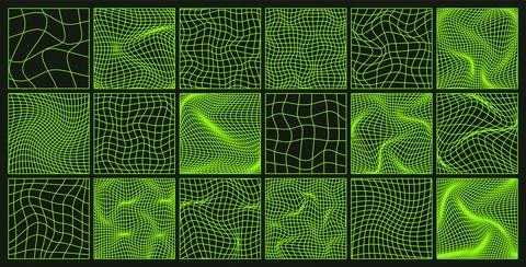 Wireframe shapes, lined perspective mesh, 3d grid. Low poly geometric elements Stock Illustration