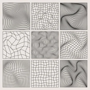 Wireframe shapes, lined perspective mesh, 3d grid. Low poly geometric elements Stock Illustration