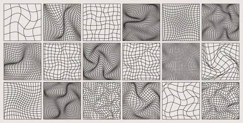 Wireframe shapes, lined perspective mesh, 3d grid. Low poly geometric elements Stock Illustration