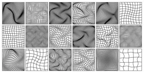 Wireframe shapes, lined perspective mesh, 3d grid. Low poly geometric elements Stock Illustration