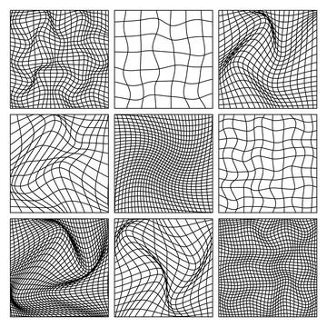 Wireframe shapes, lined perspective mesh, 3d grid. Low poly geometric elements Stock Illustration