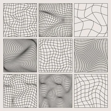 Wireframe shapes, lined perspective mesh, 3d grid. Low poly geometric elements Stock Illustration