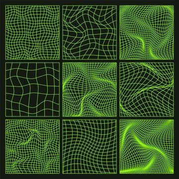 Wireframe shapes, lined perspective mesh, 3d grid. Low poly geometric elements Stock Illustration