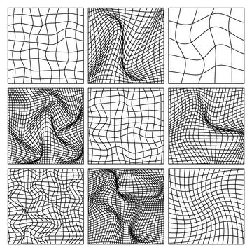 Wireframe shapes, lined perspective mesh, 3d grid. Low poly geometric elements Stock Illustration