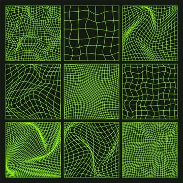 Wireframe shapes, lined perspective mesh, 3d grid. Low poly geometric elements Stock Illustration