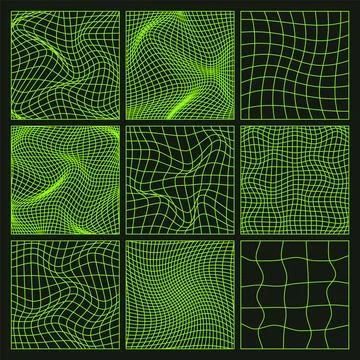 Wireframe shapes, lined perspective mesh, 3d grid. Low poly geometric elements Stock Illustration