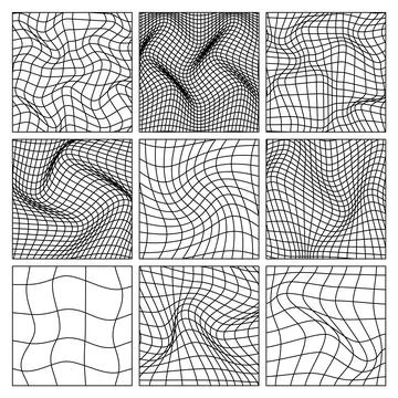 Wireframe shapes, lined perspective mesh, 3d grid. Low poly geometric elements Illustrazione stock