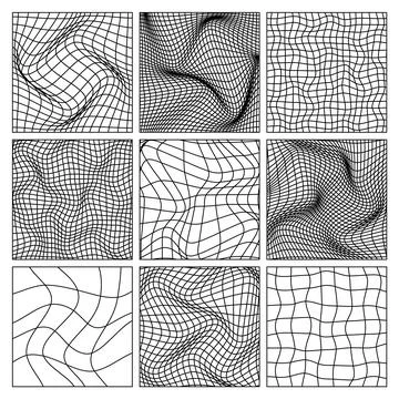 Wireframe shapes, lined perspective mesh, 3d grid. Low poly geometric elements Stock Illustration