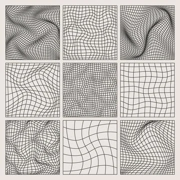 Wireframe shapes, lined perspective mesh, 3d grid. Low poly geometric elements 스톡 일러스트