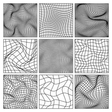 Wireframe shapes, lined perspective mesh, 3d grid. Low poly geometric elements Illustrazione stock