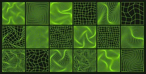 Wireframe shapes, lined perspective mesh, 3d grid. Low poly geometric elements Stock Illustration