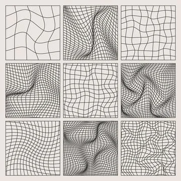 Wireframe shapes, lined perspective mesh, 3d grid. Low poly geometric elements 스톡 일러스트