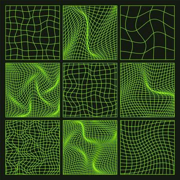 Wireframe shapes, lined perspective mesh, 3d grid. Low poly geometric elements Stock Illustration