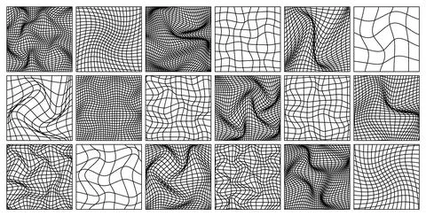 Wireframe shapes, lined perspective mesh, 3d grid. Low poly geometric elements 스톡 일러스트