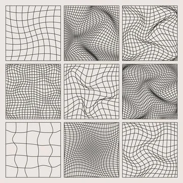 Wireframe shapes, lined perspective mesh, 3d grid. Low poly geometric elements Stock Illustration