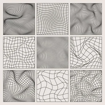Wireframe shapes, lined perspective mesh, 3d grid. Low poly geometric elements Stock Illustration