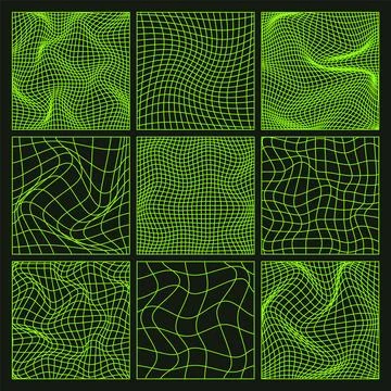 Wireframe shapes, lined perspective mesh, 3d grid. Low poly geometric elements Illustrazione stock