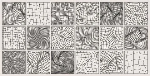 Wireframe shapes, lined perspective mesh, 3d grid. Low poly geometric elements Stock Illustration