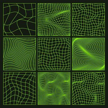 Wireframe shapes, lined perspective mesh, 3d grid. Low poly geometric elements Stock Illustration