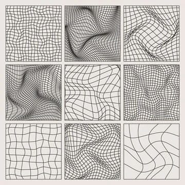 Wireframe shapes, lined perspective mesh, 3d grid. Low poly geometric elements Illustrazione stock