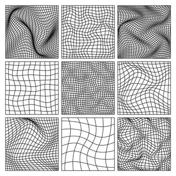 Wireframe shapes, lined perspective mesh, 3d grid. Low poly geometric elements Stock Illustration