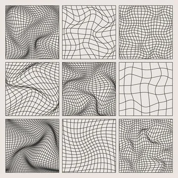 Wireframe shapes, lined perspective mesh, 3d grid. Low poly geometric elements Stock Illustration