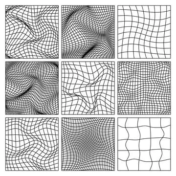 Wireframe shapes, lined perspective mesh, 3d grid. Low poly geometric elements Illustrazione stock