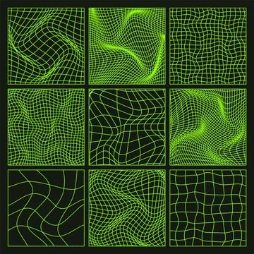 Wireframe shapes, lined perspective mesh, 3d grid. Low poly geometric elements 스톡 일러스트