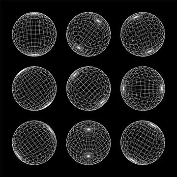 Wireframe shapes, lined sphere. Perspective mesh, 3d grid. Low poly geometric Stock Illustration