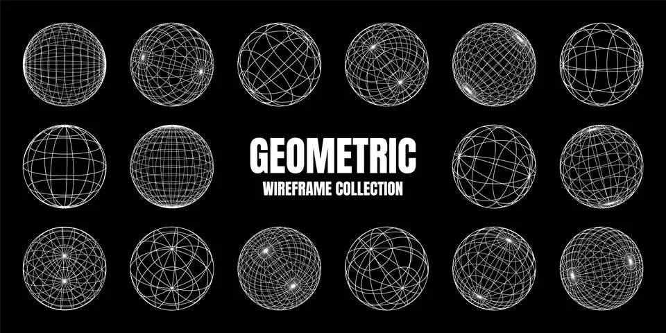 Wireframe shapes, lined sphere. Perspective mesh, 3d grid. Low poly geometric Stock Illustration