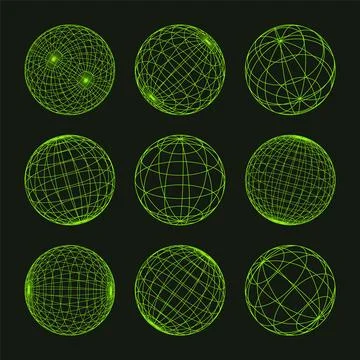 Wireframe shapes, lined sphere. Perspective mesh, 3d grid. Low poly geometric Stock Illustration