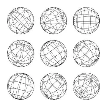 Wireframe shapes, lined sphere. Perspective mesh, 3d grid. Low poly geometric Stock Illustration