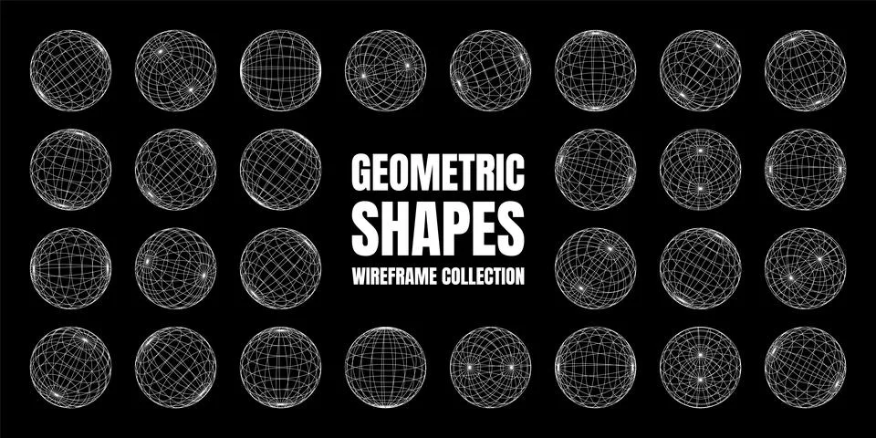 Wireframe shapes, lined sphere. Perspective mesh, 3d grid. Low poly geometric Stock Illustration
