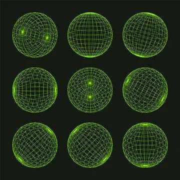 Wireframe shapes, lined sphere. Perspective mesh, 3d grid. Low poly geometric Stock Illustration