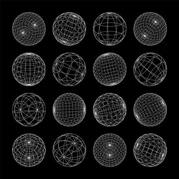 Wireframe shapes, lined sphere. Perspective mesh, 3d grid. Low poly geometric Illustrazione stock