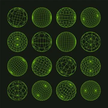 Wireframe shapes, lined sphere. Perspective mesh, 3d grid. Low poly geometric Stock Illustration