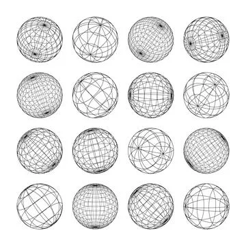 Wireframe shapes, lined sphere. Perspective mesh, 3d grid. Low poly geometric Illustrazione stock