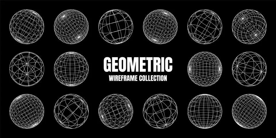Wireframe shapes, lined sphere. Perspective mesh, 3d grid. Low poly geometric Stock Illustration
