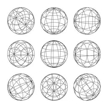 Wireframe shapes, lined sphere. Perspective mesh, 3d grid. Low poly geometric Stock Illustration