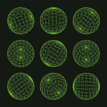 Wireframe shapes, lined sphere. Perspective mesh, 3d grid. Low poly geometric Stock Illustration