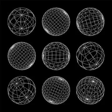 Wireframe shapes, lined sphere. Perspective mesh, 3d grid. Low poly geometric Illustrazione stock