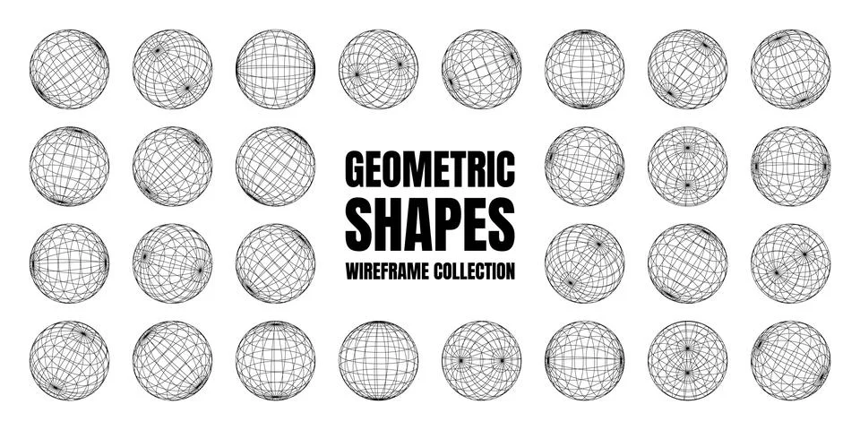 Wireframe shapes, lined sphere. Perspective mesh, 3d grid. Low poly geometric Stock Illustration