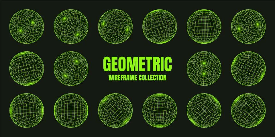 Wireframe shapes, lined sphere. Perspective mesh, 3d grid. Low poly geometric Stock Illustration