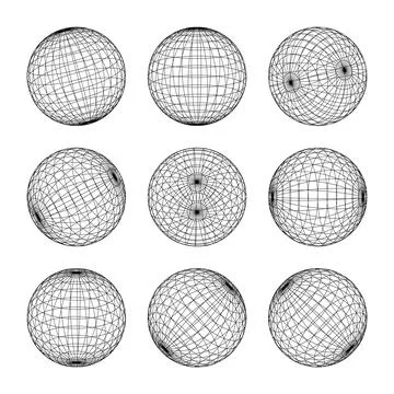 Wireframe shapes, lined sphere. Perspective mesh, 3d grid. Low poly geometric Illustrazione stock